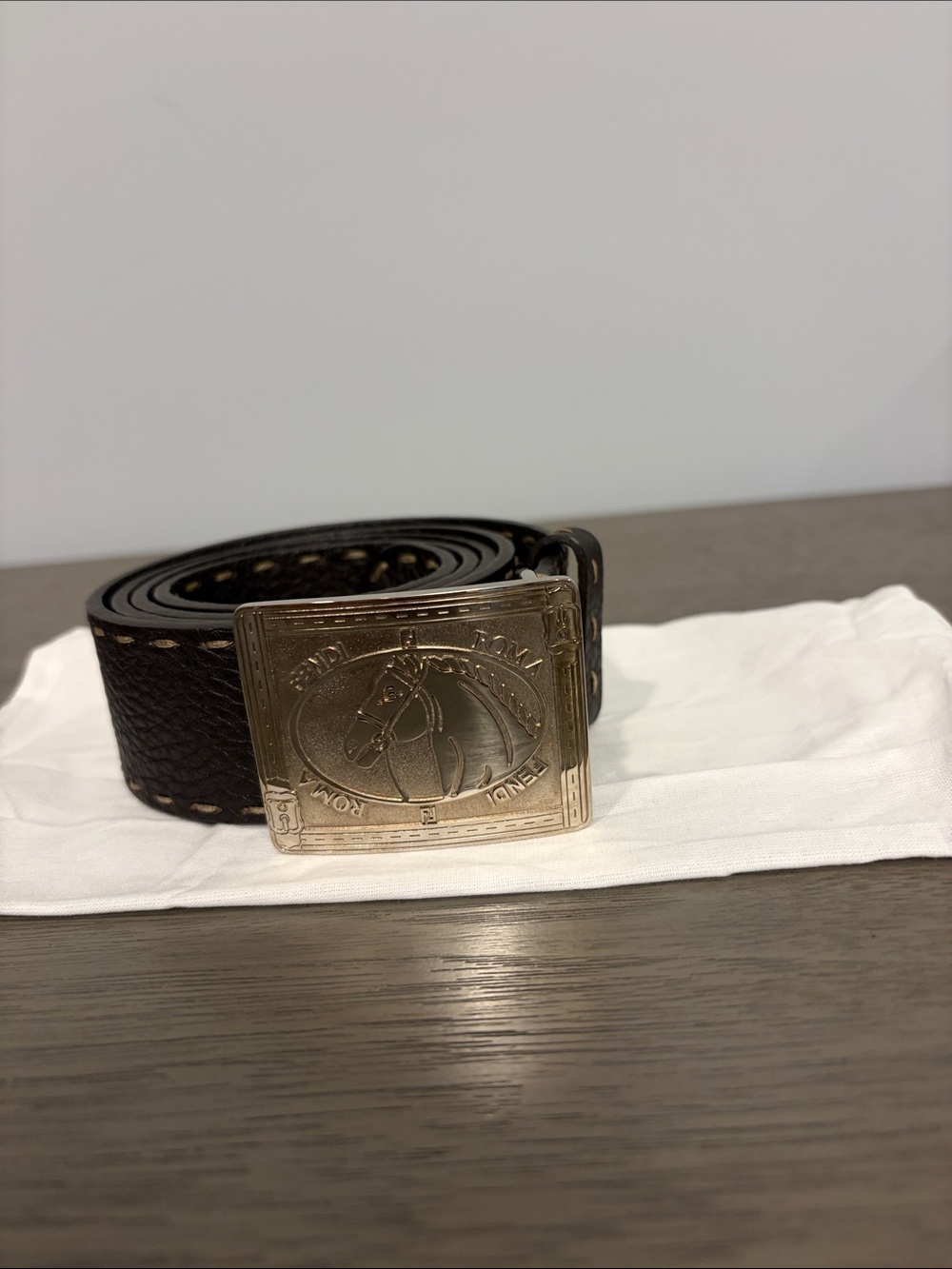 Fendi Black Leather Belt with Gold Engraved Horse Buckle